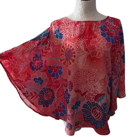 Bob Mackie Wearable Art sequin floral caftan top XS pink red blue dolman - Picture 3 of 13